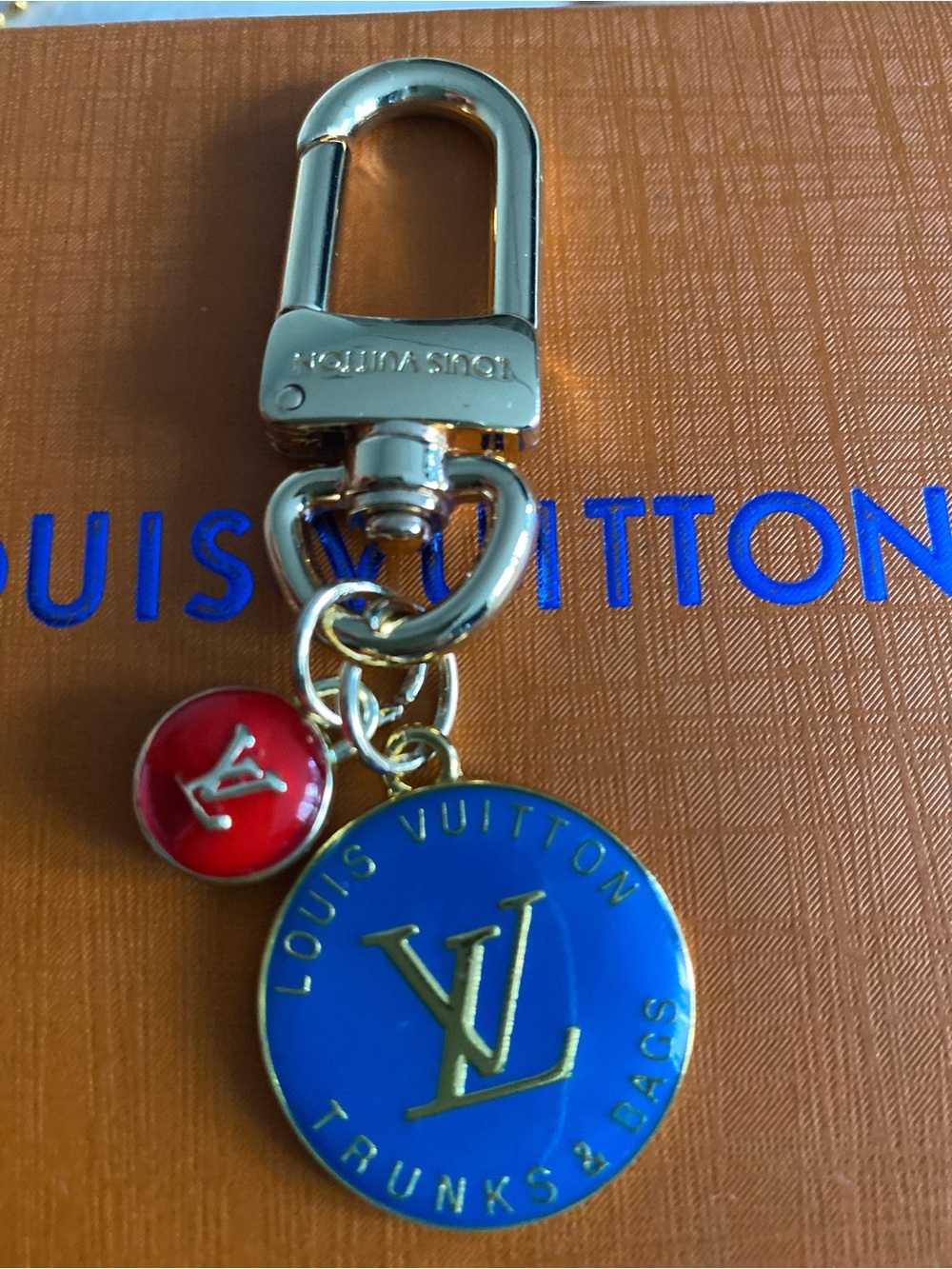 Unbranded Upcycled Blue and Red Enamel Logo Key Charm with Gold Hardware